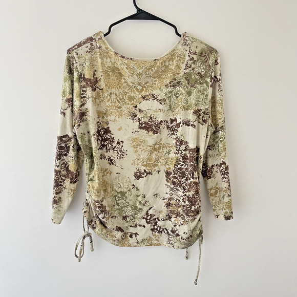 Y2K Boho Floral Print Top Women’s M Ruched Sides Forest Fairy Stretch Tee Earthy - Picture 2 of 7